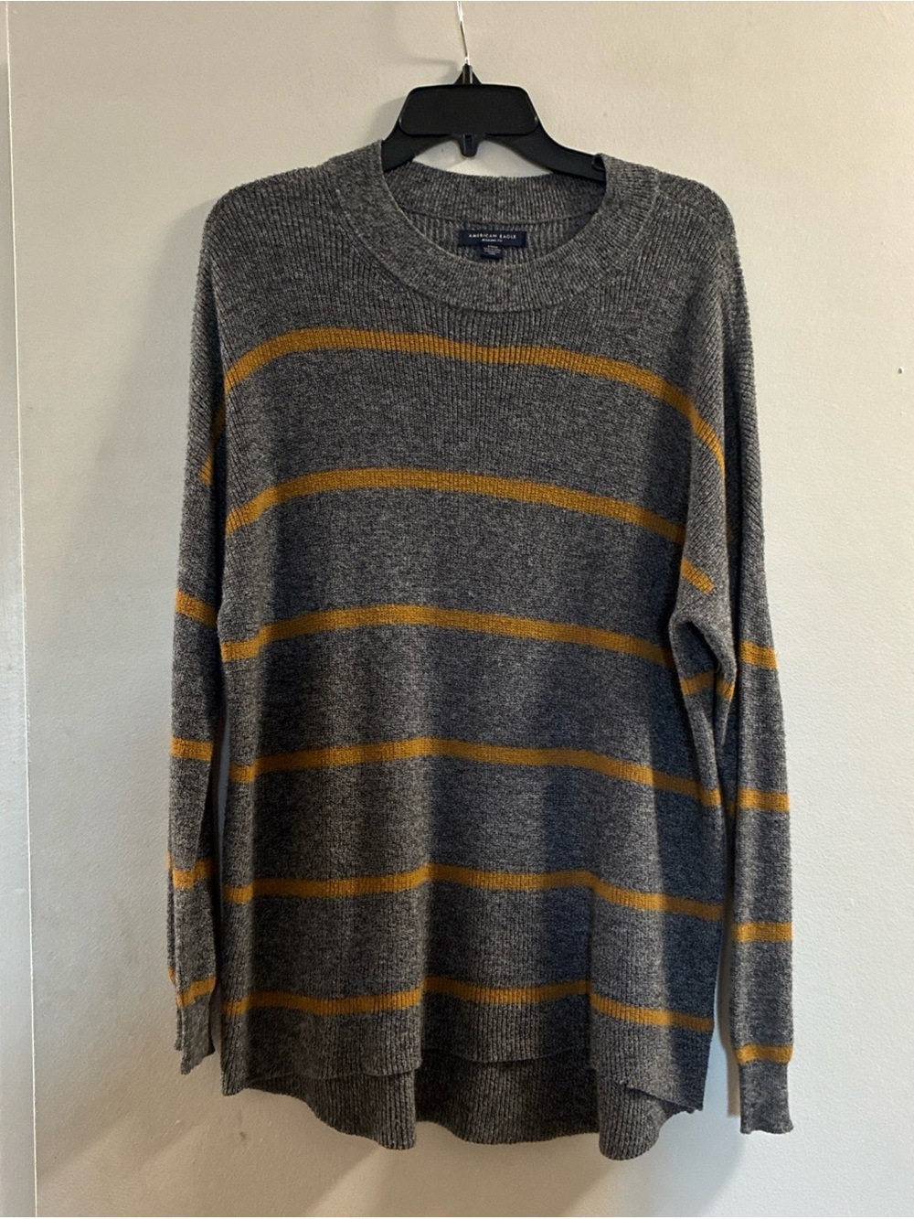 American Eagle Outfitters Grey Jegging Fit Crewneck Sweater with Mustard Stripes